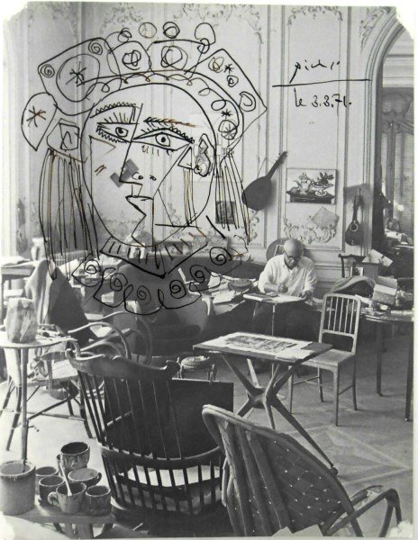 Pablo Picasso (1881-1973) Signed Ink Sketch: Original brown ink drawing, untitled (head of a woman with hat), attributed to/in the manner of Pablo Picasso (1881-1973). Signed and dated 3.3.71. Executed on a page possibly from an exhibition catal