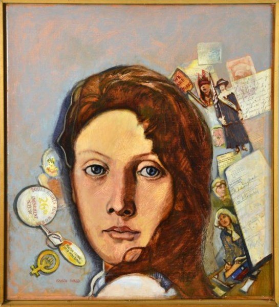 Carol Wald (1935-2001) Oil Painting: Portrait of a young woman amongst images evocative of the women's liberation movement, signed lower left "Carol Wald". Carol Wald (1935-2001) an American artist known for collage, illustration, and ge
