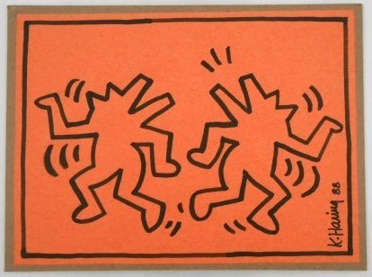 Keith Haring (1958-1990) Ink Drawing: Original black ink (or marker pen) sketch on colored construction paper, untitled (two figures), by/attributed to Keith Haring (1958-1990). Signed, dated 1988. 8 1/4 x 11 1/4 inches. Very good conditi