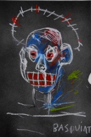 Jean-Michel Basquiat (1960-1988) Oilstick Drawing: Original oilstick drawing on black paper, untitled composition, by/attributed to Jean-Michel Basquiat (1960-1988). Signed lower right. 11 7/8 x 8 inches. Significantly discolored from apparent sun-fad