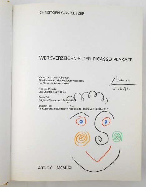 Pablo Picasso (1881-1973) Signed Book Sketch: Original colored pencil sketch, untitled, attributed to/in the manner of Pablo Picasso (1881-1973). Signed and dated 5.10.71. Drawing is executed on the title page of "Picasso Plakate," by Christoph C