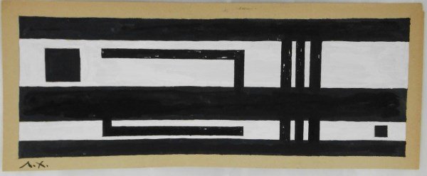 Russian Suprematist Gouache, Circa 1925: Black and white gouache on buff paper, Russian Suprematist School, circa 1925. Initialed lower left. 5 1/4 x 13 inches. Good overall condition (very small tear at center top margin). Unframed.
