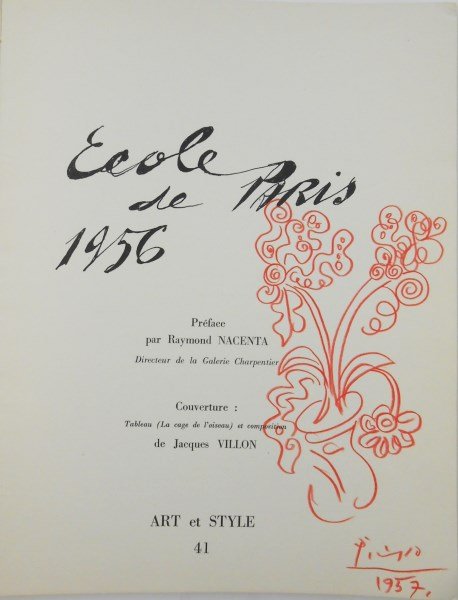 Pablo Picasso (1881-1973) Signed Crayon Drawing: Original red crayon (or colored pencil) drawing, untitled (vase of flowers), attributed to/in the manner of Pablo Picasso (1881-1973). Drawing is executed on the title page of "Ecole de Paris 1956," w