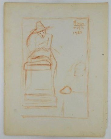 Pablo Picasso (1881-1973) Sanguine Drawing: Original sanguine sketchbook drawing on white wove paper (watermark may be British), seated figure and studies, attributed to Pablo Picasso (1881-1973). Signed upper right, inscribed "Paris" and dated