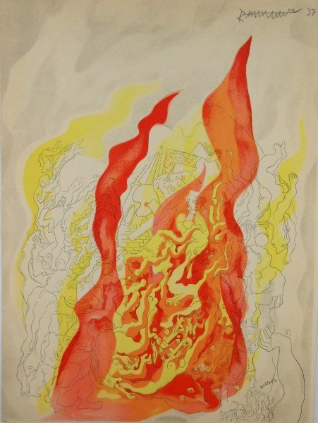 Abraham Rattner (1893-1978) Signed Lithograph: Original lithograph in colors, "L'Enfer," by Abraham Rattner (1993-1978). Pencil signed and dated upper right. Also signed in the plate, lower right. 13 3/4 x 10 1/4 inches. Very good condition (very