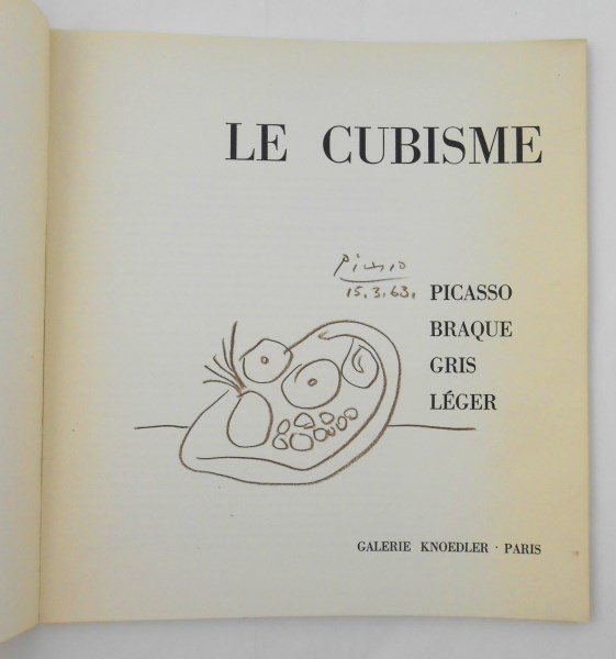 Picasso Signed Exhibition Catalog & Drawing: "Le Cubisme," exhibition catalog published by Galerie Knoedler, Paris, 1962, containing an original signed crayon sketch attributed to/in the manner of Pablo Picasso (1881-1973). Drawing is executed o