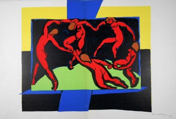 Henri Matisse (1869-1954) Signed Lithograph: Henri Matisse (French, 1869-1954), "La Danse", color lithograph, pencil signed and dated, printed by Mourlot, 1938, published by Verve, Paris. 14 x 21 inches. Excellent condition. Center fold, as publ