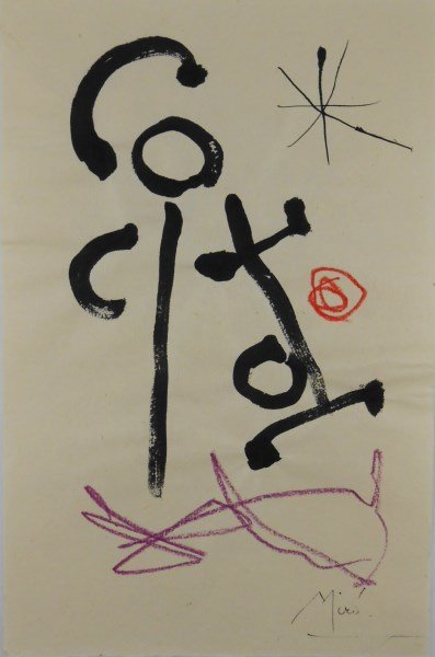 Joan Miro (1893-1983) Black Ink & Crayon Drawing: Original ink and crayon drawing on handmade buff-colored paper, untitled abstract composition, attributed to Joan Miro (1893-1983). Signed lower right. 11 1/2 x 7 1/2 inches. Very good condition (hing