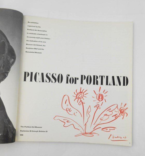 Pablo Picasso Signed Catalog & Souvenir Sketch: Exhibition catalog, "Picasso for Portland," published by The Portland Art Museum, 1970, containing an original red crayon sketch, untitled (flowers), attributed to/in the manner of Pablo Picasso (1881