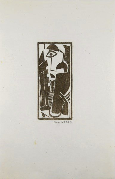 Max Weber (1881-1961) Original Signed Woodcut: Original woodcut by Max Weber (1881-1961), Abstract with Face, pencil signed lower right. Very limited edition, circa 1950's. Image measures 4 3/16 x 1 7/8 inches. Sheet size: 9 3/4 x 6 1/4 inches. Ex