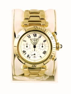 Cartier 18KT Gold "Pasha" Man's Watch: Limited Edition (150 pieces) 18KT gold Cartier Pasha wristwatch. Having a matching Cartier Pasha 18KT gold bracelet. Watch measures 42mm. Current retail: Watch $26,175. Bracelet $20,000. Total current