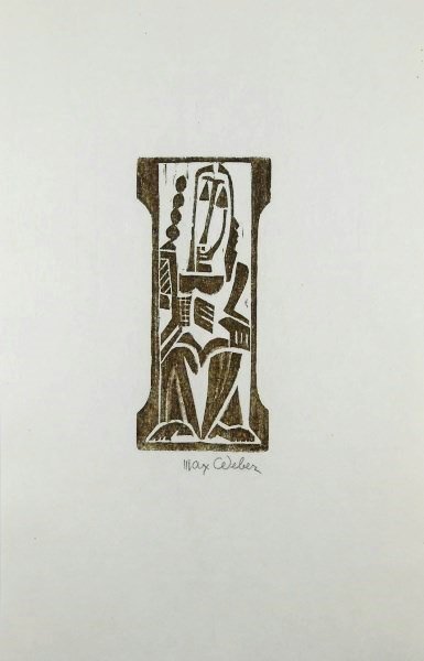 Max Weber (1881-1961) Original Signed Woodcut: Original woodcut by Max Weber (1881-1961), Standing Figure, pencil signed lower right. Very limited edition, circa 1950's. Image measures 5 1/4 x 1 15/16 inches. Sheet size: 9 3/4 x 6 1/4 inches. Exce