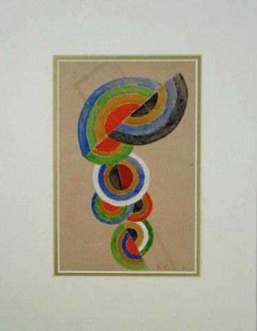 Robert Delaunay (1885-1941) Watercolor: Original watercolor, untitled abstract composition, attributed to or in the manner of Robert Delaunay (1885-1941). Signed with the artist's initials, lower right. 8 1/4 x 5 1/2 inches. Laid down on ol