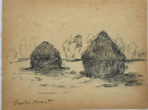 Claude Monet (1840-1926) Charoal Drawing: Original charcoal sketch, two haystacks, attributed to/or in the manner of Claude Monet (1840-1926). The present lot relates closely to several other haystack drawings created by Monet and may be a st