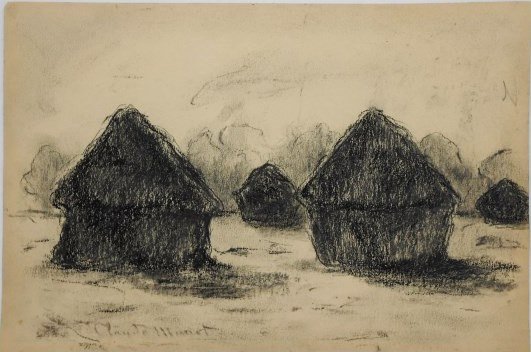 Claude Monet (1840-1926) Charcoal Drawing: Exceptional charcoal drawing, field of haystacks, attributed to/or in the manner of Claude Monet (1840-1926). Signed. 8 1/2 x 12 7/8 inches. Some slight smudging, otherwise very good condition.Provena