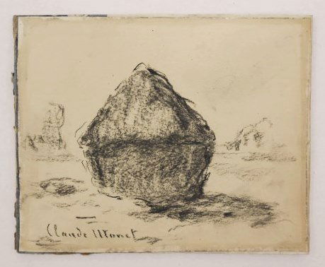 Claude Monet (1840-1926) Charcoal Draiwng: Original charcoal drawing, study of a haystack, attributed to/in the manner of Claude Monet (1840-1926). Signed, lower left. 5 7/8 x 7 1/4 inches. Laid down to board. Overall very good condition.Prove
