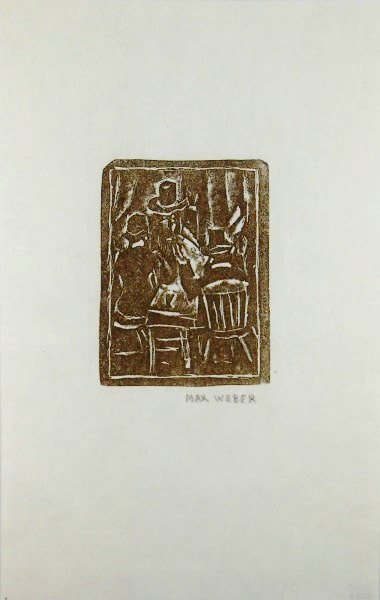 Max Weber (1881-1961) Original Signed Woodcut: Original woodcut by Max Weber (1881-1961), Interior with Seated Figures, pencil signed lower right. Very limited edition, circa 1950's. Image measures 3 5/8 x 2 3/4 inches. Sheet size: 9 3/4 x 6 1/4 i