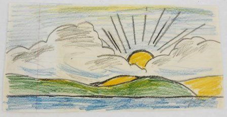 Roy Lichtenstein (1923-1997) Drawing: Graphite and colored pencil sketch, landscape with sun, attributed to Roy Lichtenstein (1923-1997). Executed on irregularly-cut lined [notebook] paper, circa 1965. Signed with the artist's initials. 3