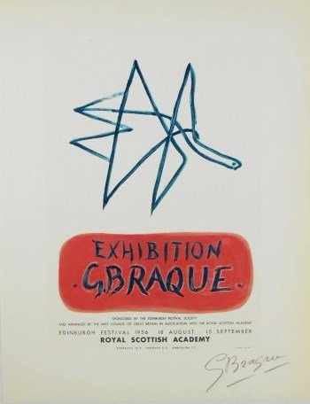 Georges Braque (1882-1963) Signed Lithograph: Original 1959 color lithograph by Georges Braque (1882-1963), "Exhibition G. Braque," after the original poster printed in 1956. Pencil signed, lower right. 12 1/8 x 9 3/8 inches. Very good condition.