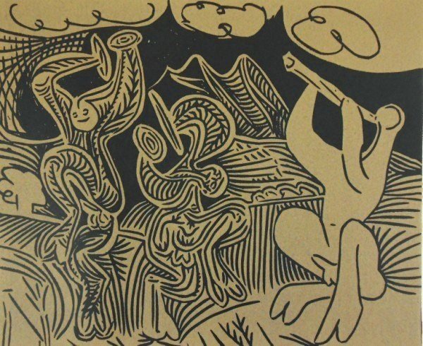 Pablo Picasso (1881-1973) Linoleum Cut: Dancing Satyrs and Flute Player (black, sepia). Facsimile color linoleum cut, Abrams edition, 1962, after the original by Pablo Picasso (1881-1973), created under the direction of the artist using the