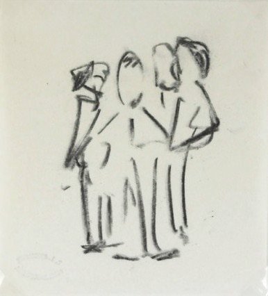 Ernst Ludwig Kirchner (1880-1938) Charcoal Sketch: Original charcoal sketch executed on very thin white drawing paper, study of a group of figures, standing, attributed to Ernst Ludwig Kirchner (1880-1938). Estate stamp on reverse. 5 x 4 1/2 inches. V