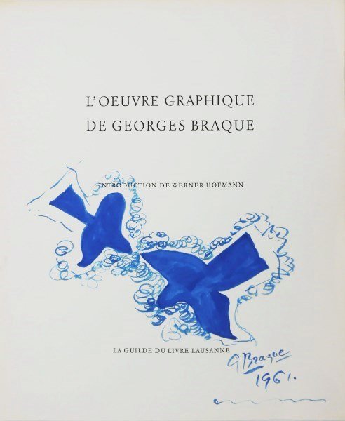 Georges Braque (1882-1963) Watercolor: Original watercolor (or possibly blue ink and wash), two birds in flight, attributed to Georges Braque (1882-1963). Executed on the title page of "L'Oeuvre Graphique de Georges Braque," published in 1