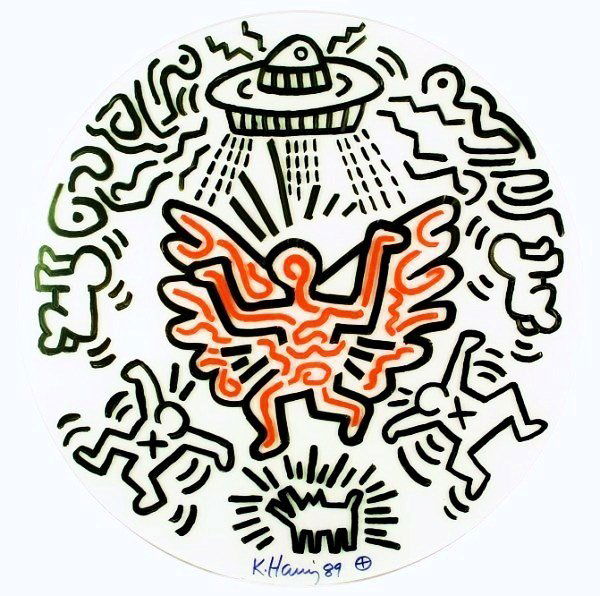 Keith Haring (1958-1990) Painting On Acrylic: Unique original acrylic painting on lucite, untitled, attributed to Keith Haring (1958-1990). Signed and dated '89 on both the front and reverse. Also inscribed on the reverse. Diameter 20 inches. Ver