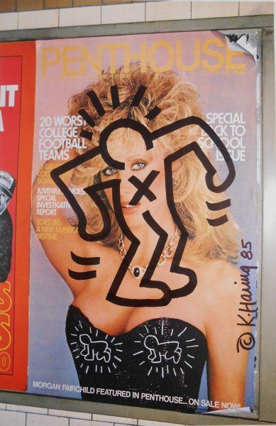 Keith Haring (1958-1990) Souvenir Drawing: Black marker pen on page from "Art in Transit," by/attributed to Keith Haring (1958-1990). Signed along the righthand edge and dated '85. 11 7/8 x 7 3/4 inches. Very good condition. Unframed.Provenanc