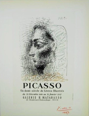 Pablo Picasso (1881-1973) Signed Lithograph: Original signed color lithograph printed in 1959 at the Impri Merie Nationale de France, by Mourlot Freres. After the poster, "Picasso," by Pablo Picasso. Bearing red pencil signature, lower right, an