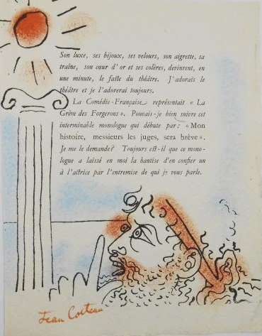 Jean Cocteau (1889-1963) Original Lithograph: Original double-sided lithograph (appears to be hand-colored) on handmade paper with printed text, by Jean Cocteau (1889-1963), circa 1940-1950. Hand signed. 10 1/4 x 8 inches. Excellent condition. Un
