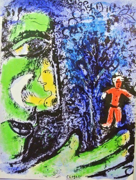 Marc Chagall Original Signed Lithograph: Original lithograph by Marc Chagall, "Profile and Red Child." Signed lower middle in black ink. Edition size unknown. Printed by Mourlot Freres, 1960. As published, without margins. From "The Lithogra