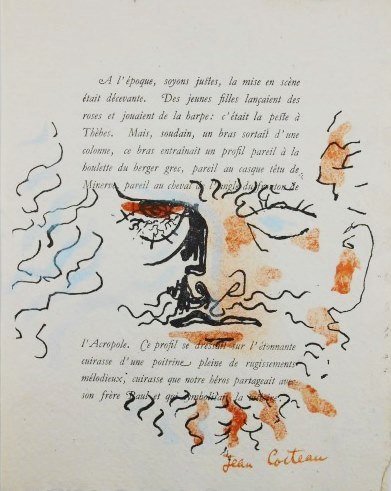 Jean Cocteau (1889-1963) Original Lithograph: Original double-sided lithograph (appears to be hand-colored) on handmade paper with printed text, by Jean Cocteau (1889-1963), circa 1940-1950. Hand signed. 10 1/4 x 8 inches. Excellent condition. Un