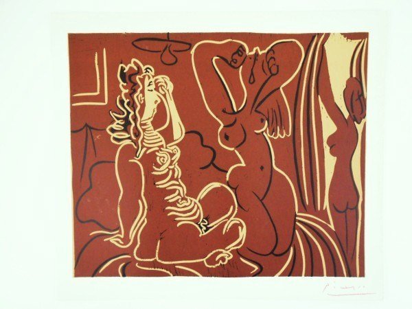 Pablo Picasso (1881-1973) Linoleum Cut: Three Women (ocher, brown, black). Facsimile color linoleum cut, Abrams edition, 1962, after the original by Pablo Picasso (1881-1973), created under the direction of the artist using the original lin