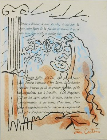 Jean Cocteau (1889-1963) Original Lithograph: Original double-sided lithograph (appears to be hand-colored) on handmade paper with printed text, by Jean Cocteau (1889-1963), circa 1940-1950. Hand signed. 10 1/4 x 8 inches. Excellent condition. Un