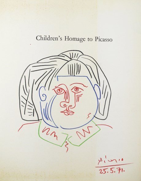 Pablo Picasso (1881-1973) Signed Book Drawing: Original colored pencil drawing, untitled (portrait of a young girl), attributed to/in the manner of Pablo Picasso (1881-1973). Signed lower right and dated 25.5.71. Executed on a page of "Children's 