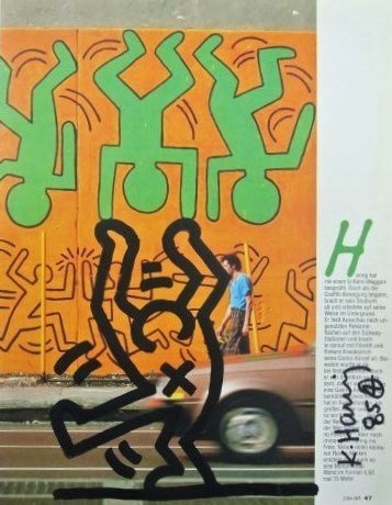 Keith Haring (1958-1990) Souvenir Drawing: Original black ink drawing executed on a printed magazine page (text in German), untitled (outline man), by/attributed to Keith Haring (1958-1990). Signed along right hand edge and dated '85. 11 x 8 3
