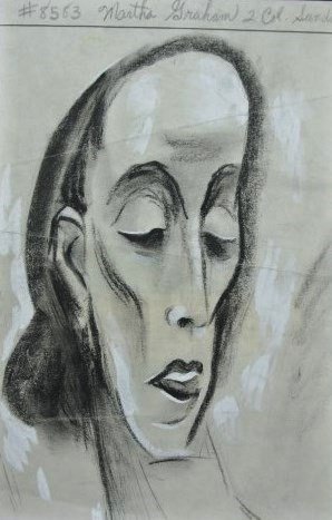 Ernst Stolz (b. 1901) Original Illustration: Original newspaper illustration of Martha Graham, charcoal heightened with white gouache, by Ernst Stolz (1901-?). Accompanied by a clipping showing the illustration as it appeared in the newspaper. T