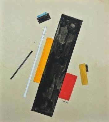 Soviet Suprematist Watercolor, Circa 1920: Original watercolor and gouache, Soviet Suprematist School, abstract composition, executed on light tan-colored paper. Circa 1920-1930. Initialed in Cyrillic. 7 3/4 x 6 3/4 inches. Scuffing to front a