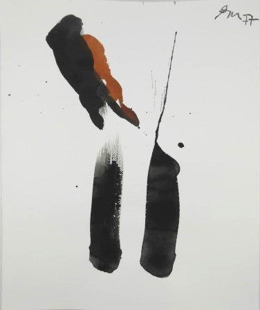 Robert Motherwell (1915-1991) Gouache: Original ink and gouache drawing on heavy watercolor paper, untitled abstract, attributed to or in the manner of Robert Motherwell (1915-1991). Signed with the artist's intials and dated '77, high upp