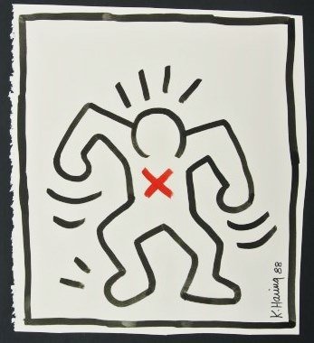 Keith Haring (1958-1990) Sumi Ink Drawing: Original Sumi ink drawing with red acrylic on heavy off-white paper, untitled (figure), by/attributed to Keith Haring (1958-1990). Signed and dated '88 at right hand edge. 11 1/2 x 10 1/4 inches (slig