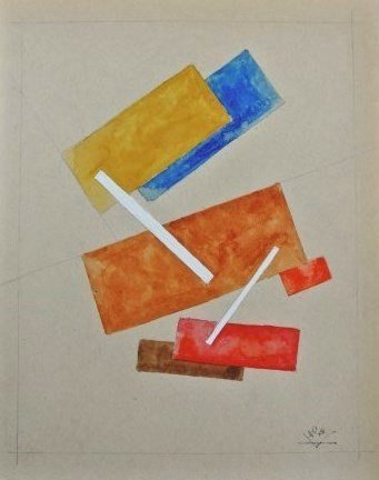 Soviet Suprematist Watercolor, Circa 1920: Original watercolor with white gouache, Soviet Suprematist School, abstract composition, executed on tan-colored paper. Monogramed, lower right. Also initialed on the reverse. 9 1/2 x 7 1/2 inches. Go