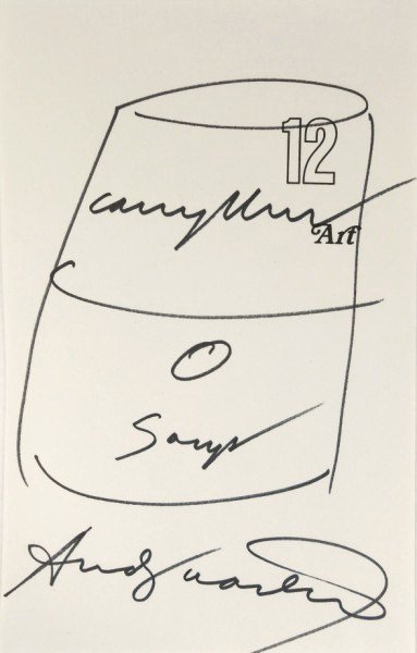 Andy Warhol (1928-1987) Souvenir Soup Can Sketch: Original sketch in black marker pen, Campbell's Soup Can, by/attributed to Andy Warhol (1928-1987). Signed. Executed on a page from Andy Warhol's "The Philosophy of Andy Warhol," probably circa 1975-1