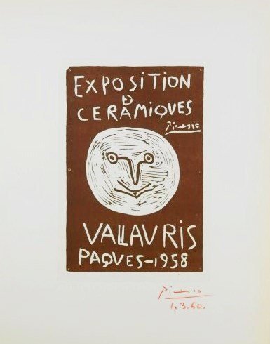 Pablo Picasso (1881-1973) Signed Lithograph: Original signed color lithograph printed in 1959 at the Impri Merie Nationale de France, by Mourlot Freres. After the poster, "Exposition Ceramiques," by Pablo Picasso. Bearing signature and date, low