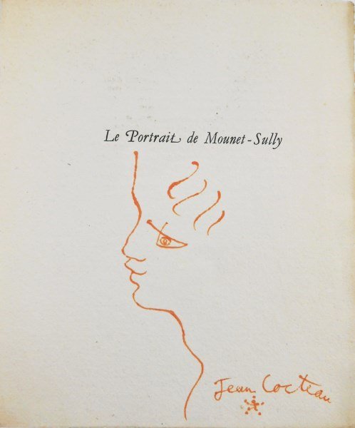 Jean Cocteau (1889-1963) Ink Drawing: Original orange ink drawing executed on a page of handmade paper from "Le Portrait de Mounet-Sully," by/attributed to Jean Cocteau (1889-1963). Signed lower right. 10 1/4 x 8 1/2 inches. Very good con