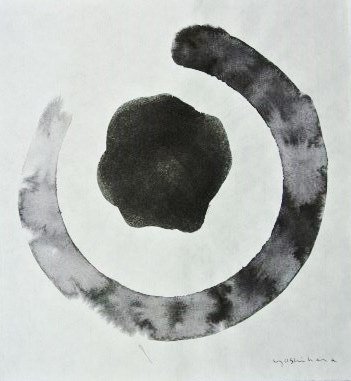 Jiro Yoshihara (1905-1972) Ink Drawing: Original black ink drawing on handmade rice paper, untitled (Open Circle with Smaller Black Circle), by/attributed to Jiro Yoshihara (1905-1972). Signed lower right. 16 1/2 x 15 1/4 inches. Very good 