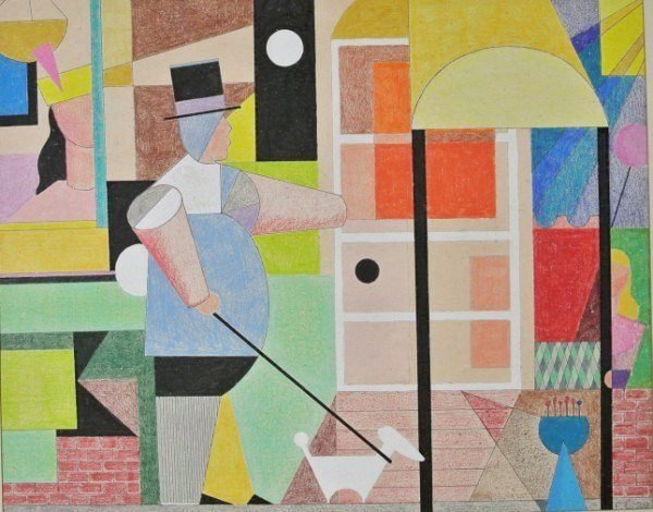 Fernand Leger (1881-1955) Colored Pencil Drawing: Beautiful colored pencil drawing, untitled composition, in the manner of/follower of Fernand Leger (1881-1955). 19 1/4 x 24 inches. Bearing initials and date ('20) lower right. Very good condition (wi