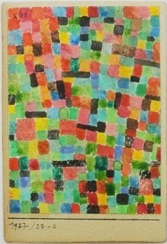 Paul Klee (1879-1940) Watercolor: Original watercolor on paper laid to artist's mount, untitled (abstract), attributed to/manner of Paul Klee (1879-1940). Signed high left. Dated 1927 on the mount. 5 5/8 x 3 3/4 inches overall. Waterc