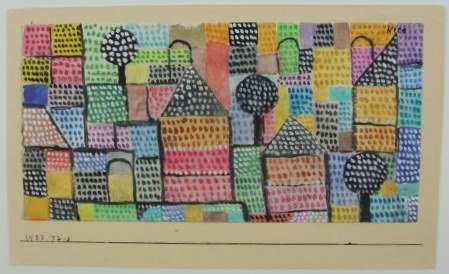 Paul Klee (1879-1940) Watercolor: Original watercolor heightened with white gouache, on paper laid to artist's mount, untitled (abstract village composition), attributed to/manner of Paul Klee (1879-1940). Signed high right. Dated 192