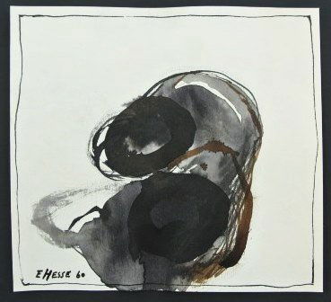 Eva Hesse (1936-1970) Ink Drawing: Original black and brown ink drawing on white wove paper, untitled abstract, attributed to Eva Hesse (1936-1970). Signed and dated '60, lower left. 4 3/4 x 5 1/8 inches. Very good overall condition. H