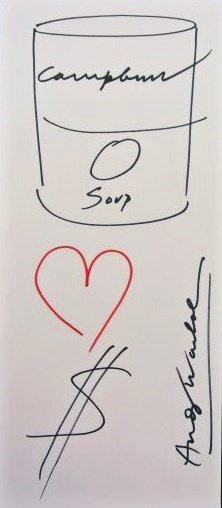Andy Warhol (1928-1987) Envelope Drawing: Original felt-tip pen drawing executed on a pink envelope, Soup Can, Heart & Dollar Sign, by/attributed to Andy Warhol (1928-1987). Signed along the right hand edge. 9 1/2 x 4 1/8 inches. Envelope fla